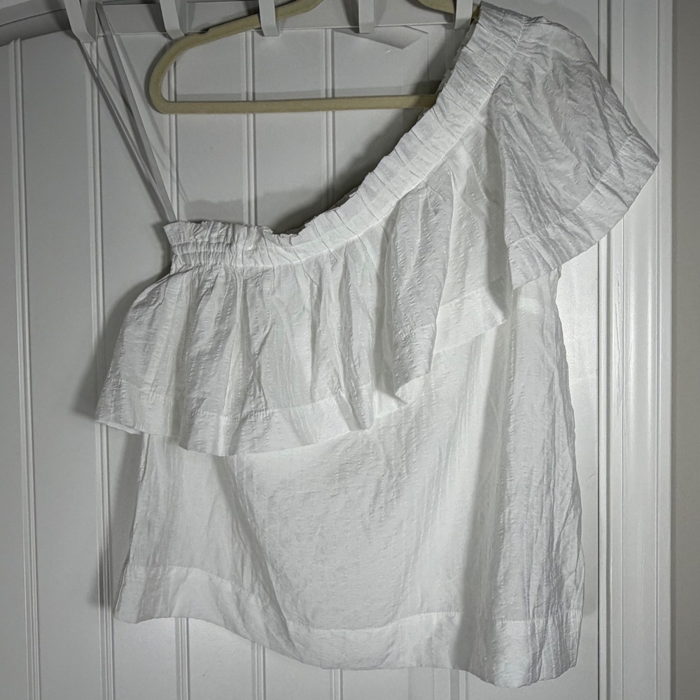 Loft White One Shoulder Ruffle Top Textured Blouse 38476396 Small NWT